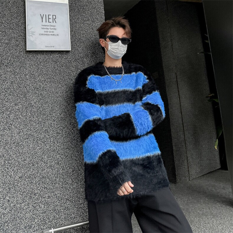 水貂绒毛衣慵懒风男冬季加绒加厚美式条纹针织衫长袖MY046-P50,男装针织衫/毛衣,星座308B-1