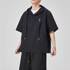 2025夏季新款男士短袖短裤时尚潮流百搭帅气宽松透气连帽休闲套装，男装牛仔裤，星座506A
