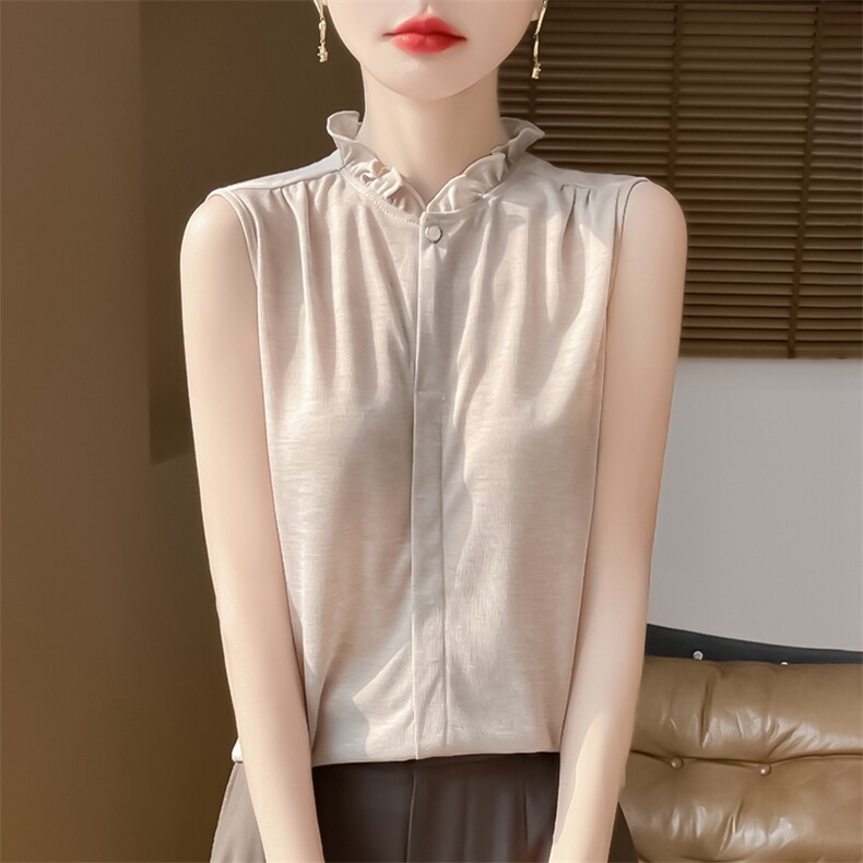 无袖女夏季木耳领袖衫宽松简约百搭纯色女上衣,针织衫/毛衣,绒宛羊绒