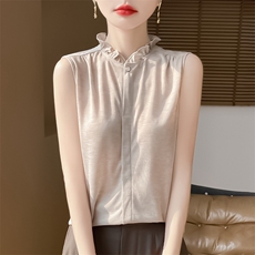 无袖女夏季木耳领袖衫宽松简约百搭纯色女上衣，女装针织衫/毛衣，绒宛羊绒