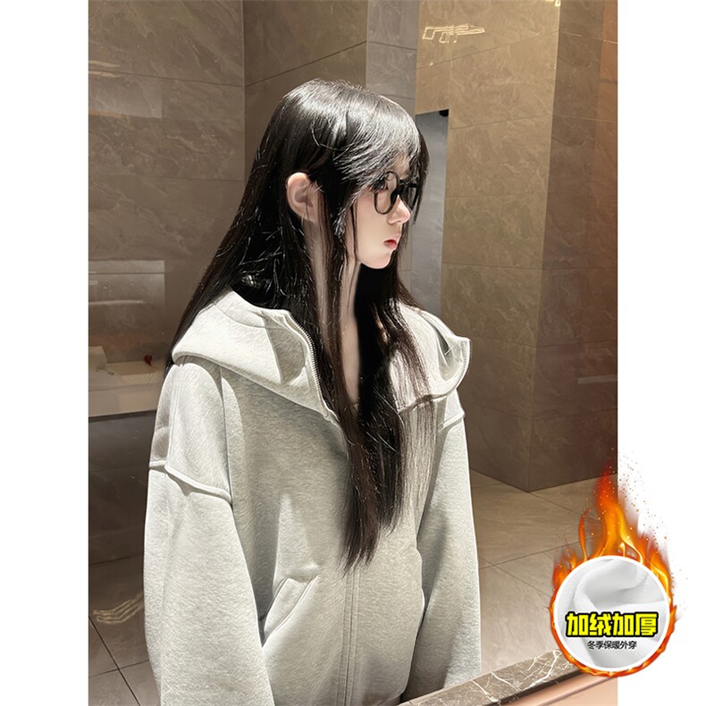 480G重磅加绒硬挺boxy男女秋冬美式高街防风高领卫衣开衫厚外套，女装短外套，电商A486