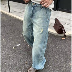 美式复古2025夏季水洗破洞牛仔裤男宽松阔腿弯刀长裤GJA08-P50，男装牛仔裤，星座208-5