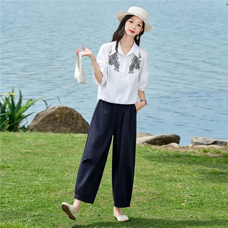 2026年夏季刺绣小衫两件套衬衫裤子套装女,女装套装/套裙,依路服饰