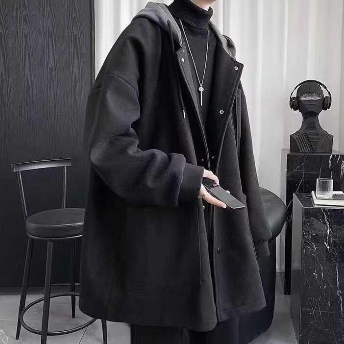 T921假两件毛呢大衣男中长款过膝呢子风衣英伦风痞帅加厚连帽外套图片
