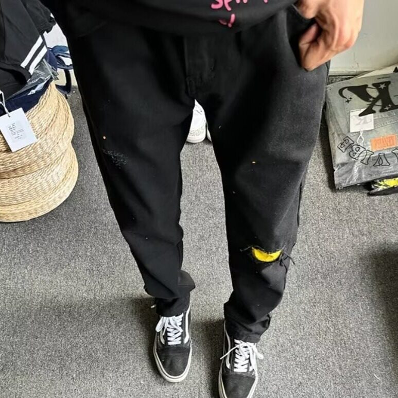 烫钻黑色牛仔裤男士春夏季修身弹力小脚裤长裤子男裤XK7118图片