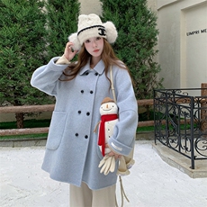 蓝色双面羊毛大衣女中长款秋冬新款韩系小个子学院风减龄毛呢外套，女装双面呢大衣，网红馆