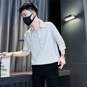 条纹七分袖衬衫男痞帅高级感社会小伙店主风301C-CS22-P58控78图片