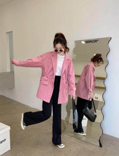 香丽迪抽绳收腰风衣女春装新款火龙果色小个子休闲外套中长款显瘦，女装风衣，香丽迪1