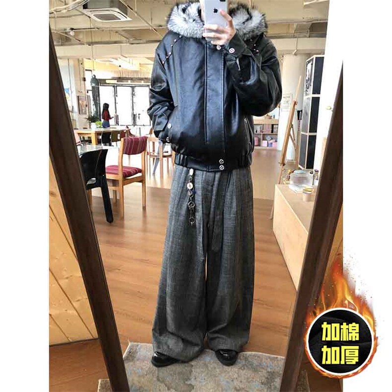 现货冬季美式潮牌痞帅PU皮机车服棉衣毛毛绒狼王座山雕皮棉服,男装棉衣,电商A486