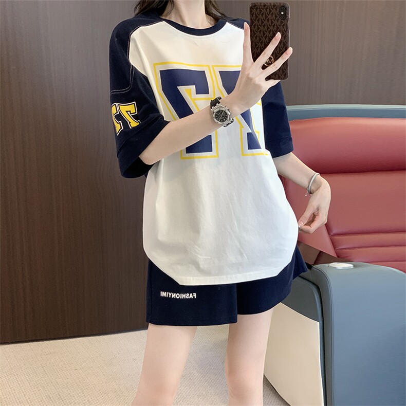 设计感字母印花短袖阔腿短裤两件套女夏季,女装套装/套裙,江南
