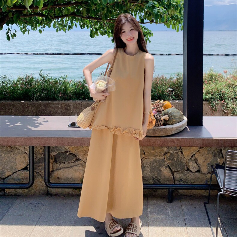 黄色木耳边无袖背心半身裙套装女2025夏新款韩系甜美小个子两件套图片
