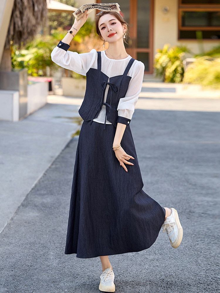 休闲时尚连衣裙套装女2025春夏款大码遮肚子显瘦减龄裙子两件套,女装套装/套裙,玖莱伊