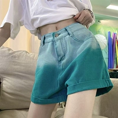 渐变设计感牛仔裤子女2025年夏季新款高腰直筒阔腿甜辣短裤ins潮，男装牛仔裤，星座506A
