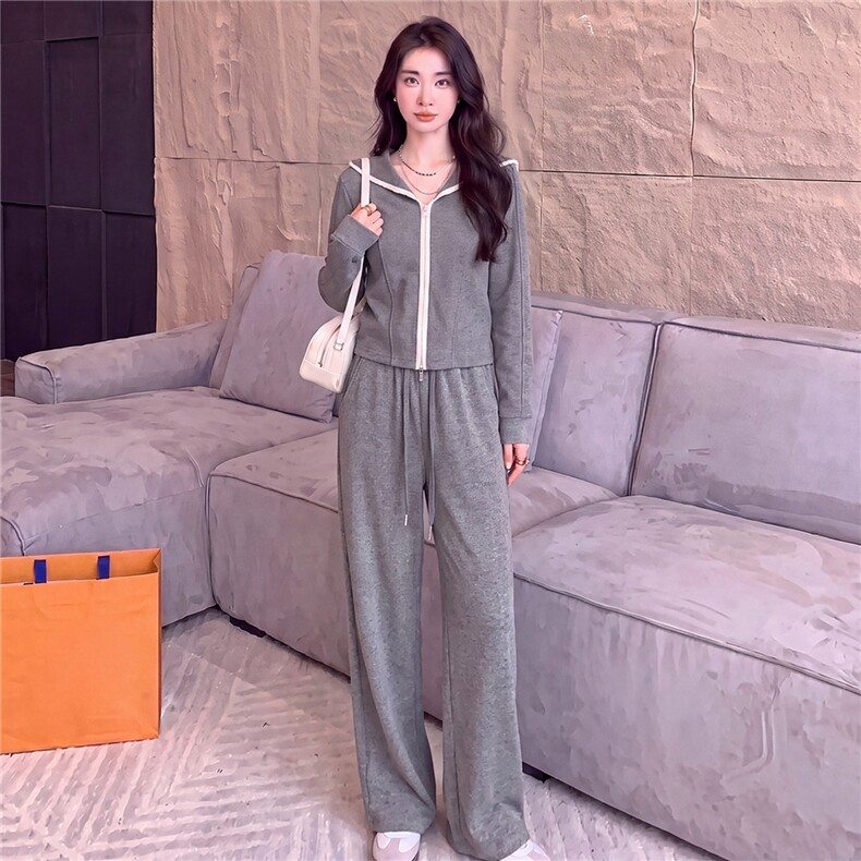 欧货休闲时尚套装女春秋灰色短款双头拉链长袖卫衣阔腿长裤两件套,女装套装/套裙,江南