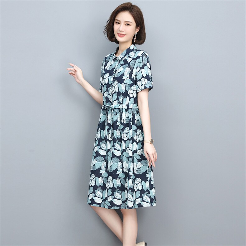 2022夏季舒适优雅气质新款印花收腰显瘦休闲连衣裙,女装连衣裙,忆绮罗