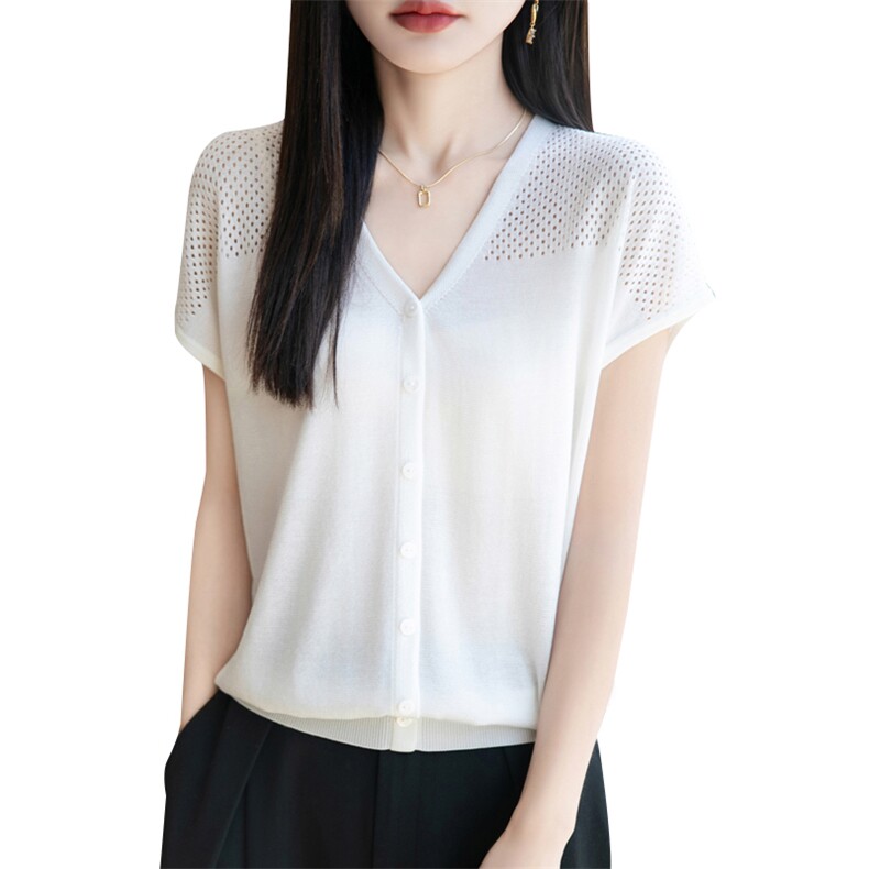 夏季新款14针天丝V领镂空开衫女修身显瘦百搭时尚休闲上衣,女装T恤,贵皇网供仓