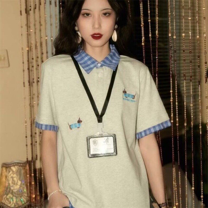 美式复古小狗刺绣格子POLO领短袖T恤女夏季短款宽松显瘦上衣,女装T恤,星座506A