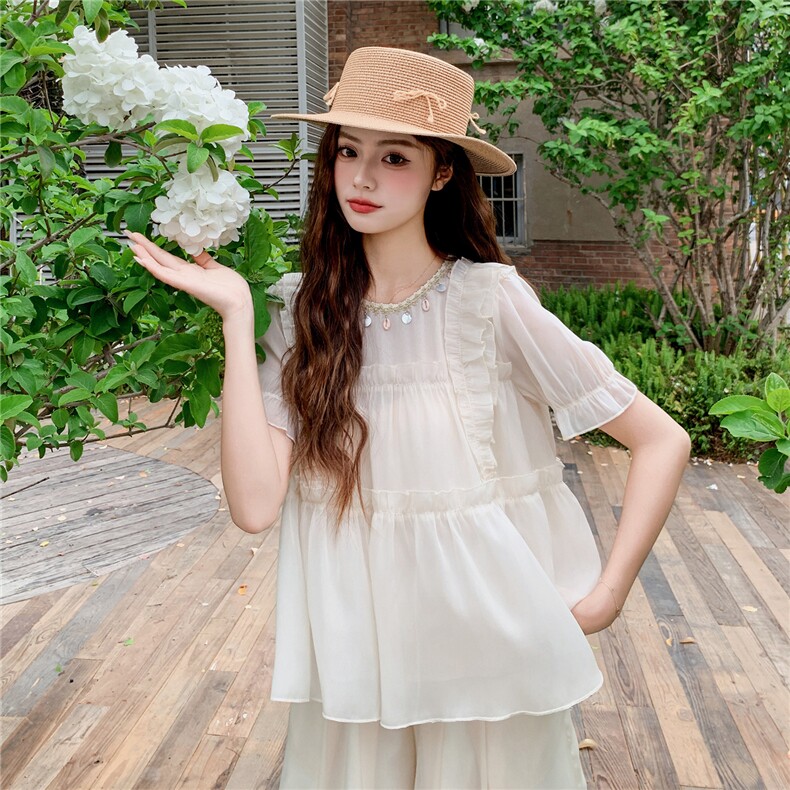 超仙时尚雪纺套装女2026夏新款半透减龄无袖木耳边阔腿裙裤两件套,女装套装/套裙,水衣源