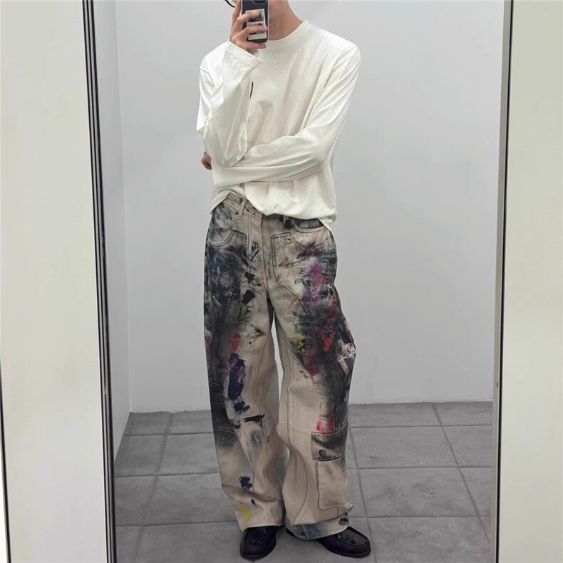 3D打印扎染涂鸦肮脏风休闲直筒牛仔裤男女同款长裤,男装牛仔裤,星座506A