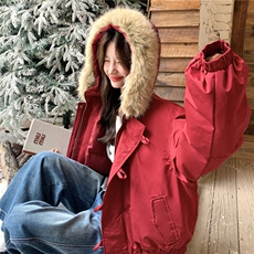 大毛领红色棉服女2025冬季新款韩版宽松棉衣2C206-L658-P235-K358，女装棉衣/棉服，2C206