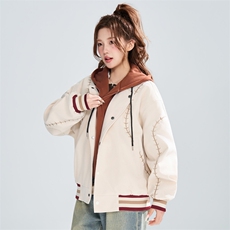 假两件连帽棒球服春季宽松明线刺绣潮流百搭外套XZ309JK8006P95，女装短外套，星座309（原A406）