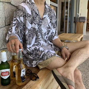 夏季日系潮牌新款满印叶子衬衣男ins街头宽松嘻哈青少年短袖衬衫图片