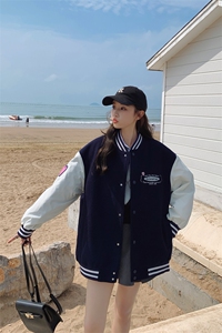 BXF182-8509-P190K268黑色拼接插肩袖复古棒球服外套图片
