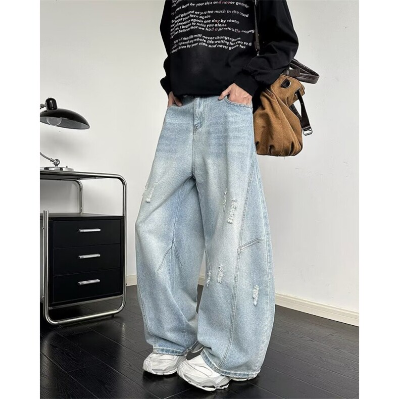 复古水洗做旧廓形弯刀牛仔裤男小众设计感阔腿裤子潮8057P50，男装牛仔裤，星座410-2