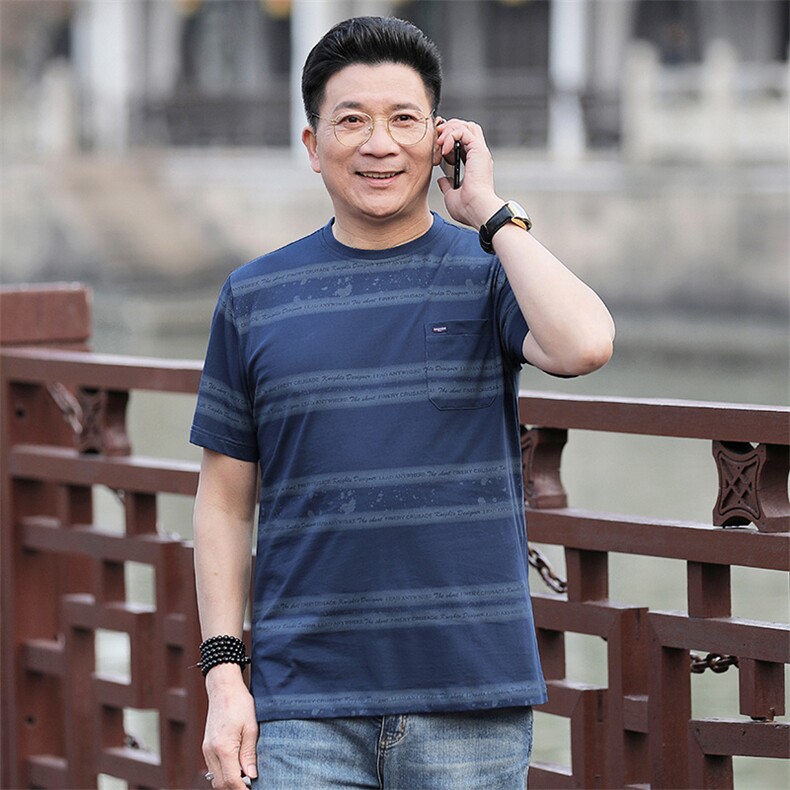 夏季中老年男冰丝短袖t恤圆领口袋中年爸爸透气舒适半袖上衣T恤,男装T恤,电商B212（原钱塘6029）