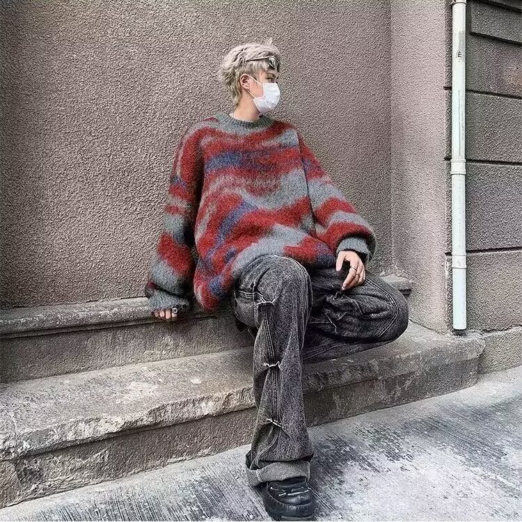 美式复古条纹绿色毛衣男款秋季韩系慵懒风格穿搭潮牌毛线衣外套,男装针织衫/毛衣,星座506A