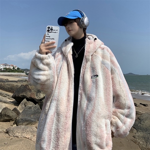 XZ213-MY35-P128控148 港风大码扎染羊羔毛冬季宽松潮牌连帽棉衣图片