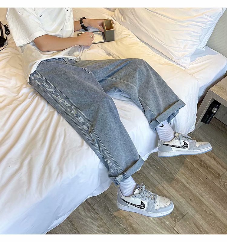 直筒牛仔裤男坠感复古chic港风潮牌宽松休闲潮流破洞裤N1590-p40,男装牛仔裤,星座1008-1