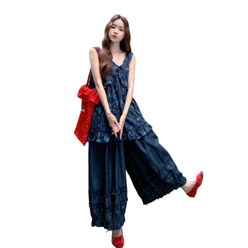 时尚减龄休闲风套装女2025夏季日系简约印花上衣木耳边阔腿裤套装,女装套装/套裙,2C166