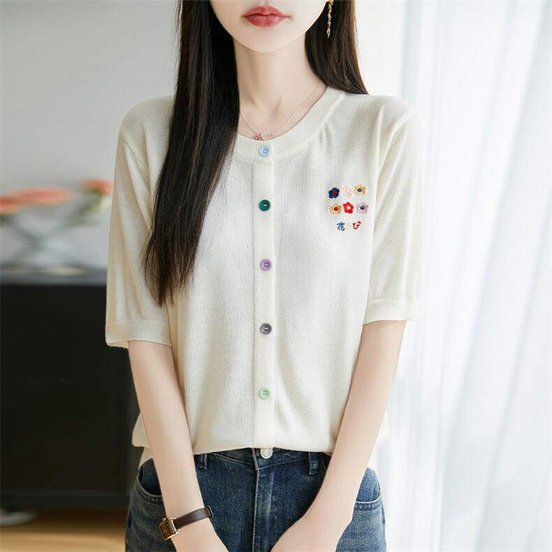 夏季精纺羊毛针织短袖开衫女圆领甜美刺绣花朵半袖宽松T恤打底衫，女装针织衫/毛衣，唐诺