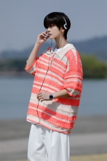 8XL-M特大码美式复古条纹撞色针织POLO衫翻领休闲短袖TDX311P35，男装T恤，电商D206-1