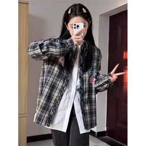美式复古长袖格子衬衫外套女春秋幂式穿搭设计感小众刺绣防晒衬衣图片