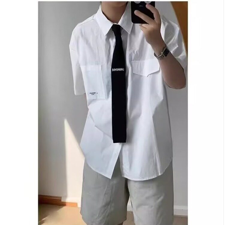 日系翻领少年感纯色衬衫短袖宽松休闲男女衬衣夏季薄外套CS5261,男装T恤,星座208-5
