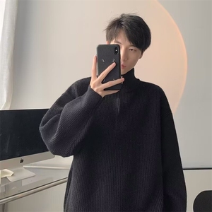 韩版小众纯色立领半拉链毛衣男秋冬美式宽松慵懒风翻领休闲针织衫图片