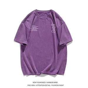 白底图 水洗做旧美式复古短袖男宽松夏季休闲潮印花T恤EQ232图片