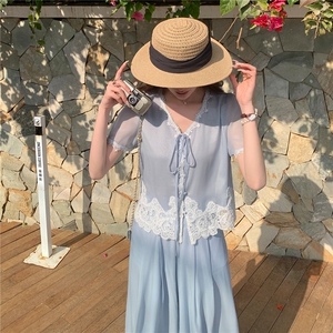 法式气质蕾丝拼接套装女2026夏季新款高级感时髦洋气阔腿裤两件套图片