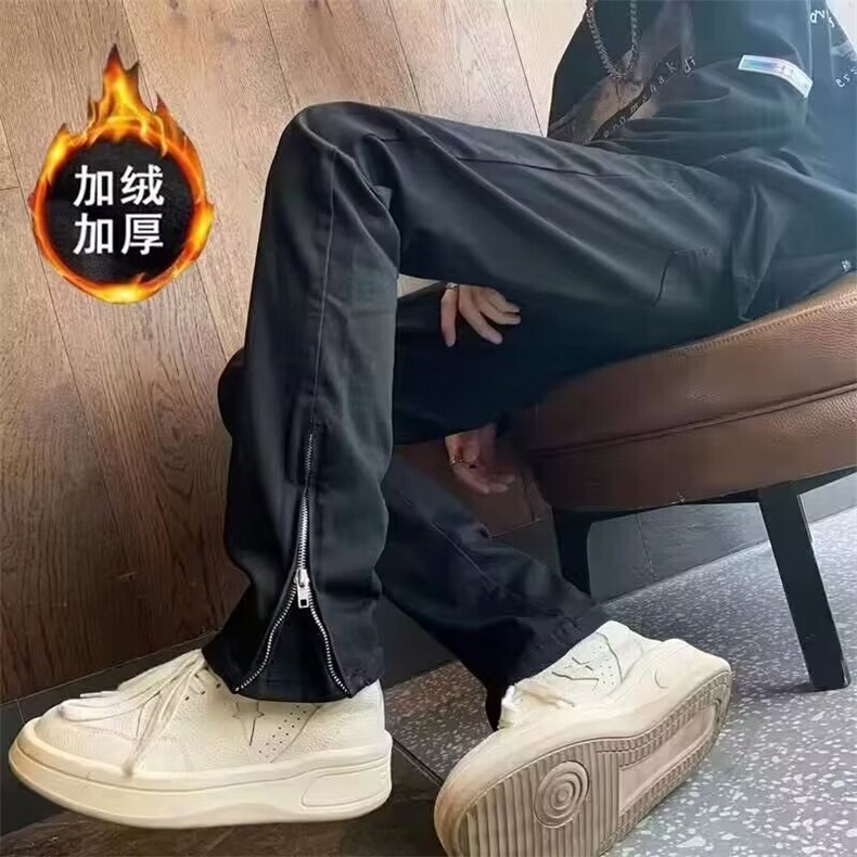 小众拼接牛仔裤男款秋季美式高街直筒显瘦裤子提档vibe加绒微图片