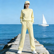 休闲运动套装女春季新款洋气减龄纯色圆领长袖卫衣阔腿长裤两件套，女装套装/套裙，江南