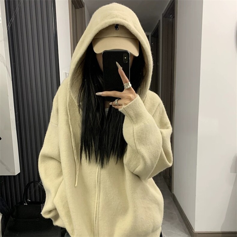 2025年秋季新款百搭女士拉链长袖连帽开衫·，女装针织衫/毛衣，朝辰羊绒