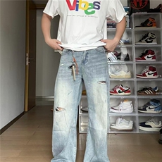 美式复古冰蓝染牛仔裤男季vibe风做旧直筒阔腿裤高街潮长裤，男装牛仔裤，星座506A
