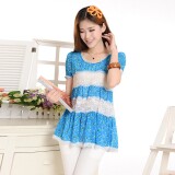 甜美蕾丝拼接雪纺衫女短袖宽松显瘦上衣黄色碎花夏季新款女装，女装蕾丝衫/雪纺衫，雪樱依海