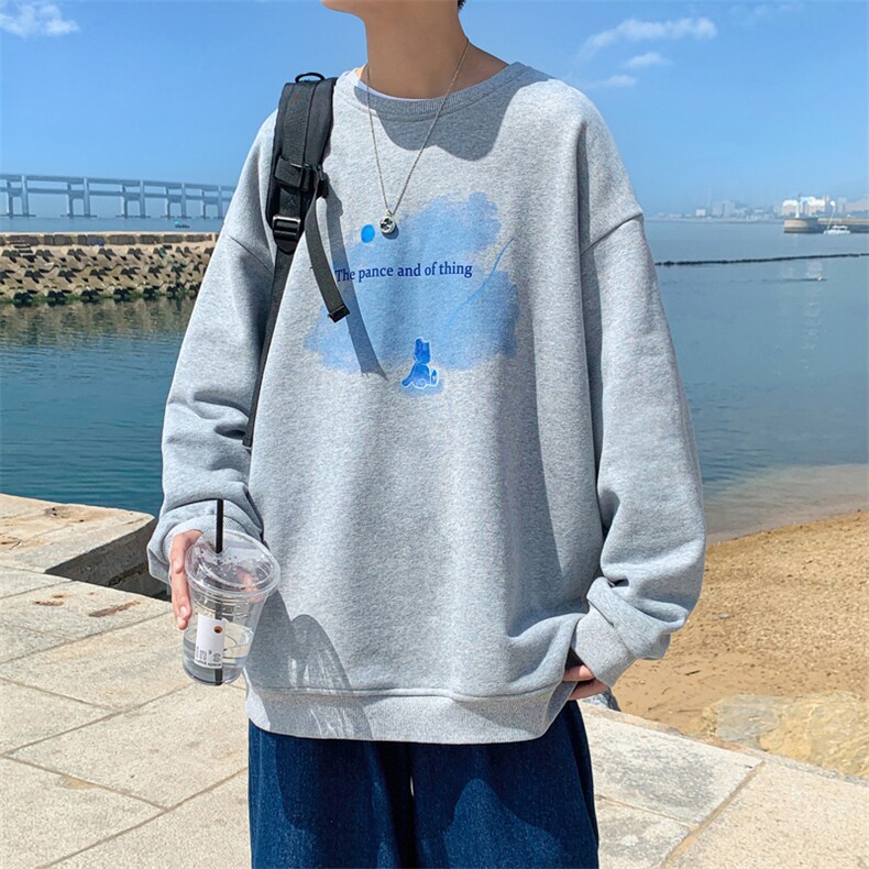 9987P28港风外景秋季云朵小熊印花宽松休闲潮圆领套头休闲学生,男装卫衣,电商A026-1