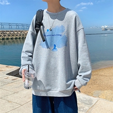 9987P28港风外景秋季云朵小熊印花宽松休闲潮圆领套头休闲学生，男装卫衣，电商A026-1
