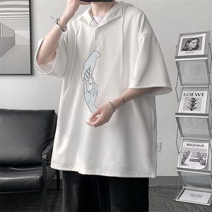 LD54147-P45 连帽短袖t恤男大码胖子带帽五分袖中袖 大皂风图片