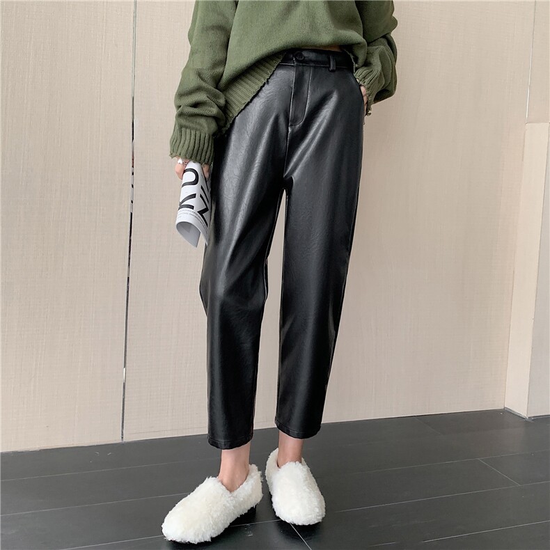黑色PU皮裤女2023秋冬新款高腰九分气质靴裤休闲小个子裤显瘦百搭,女装休闲裤,梦白服饰厂