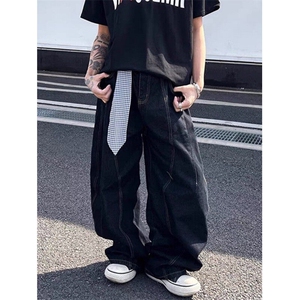 CP1232-P50 美式复古水洗弯刀牛仔裤男宽松设计感小众阔腿休闲裤图片